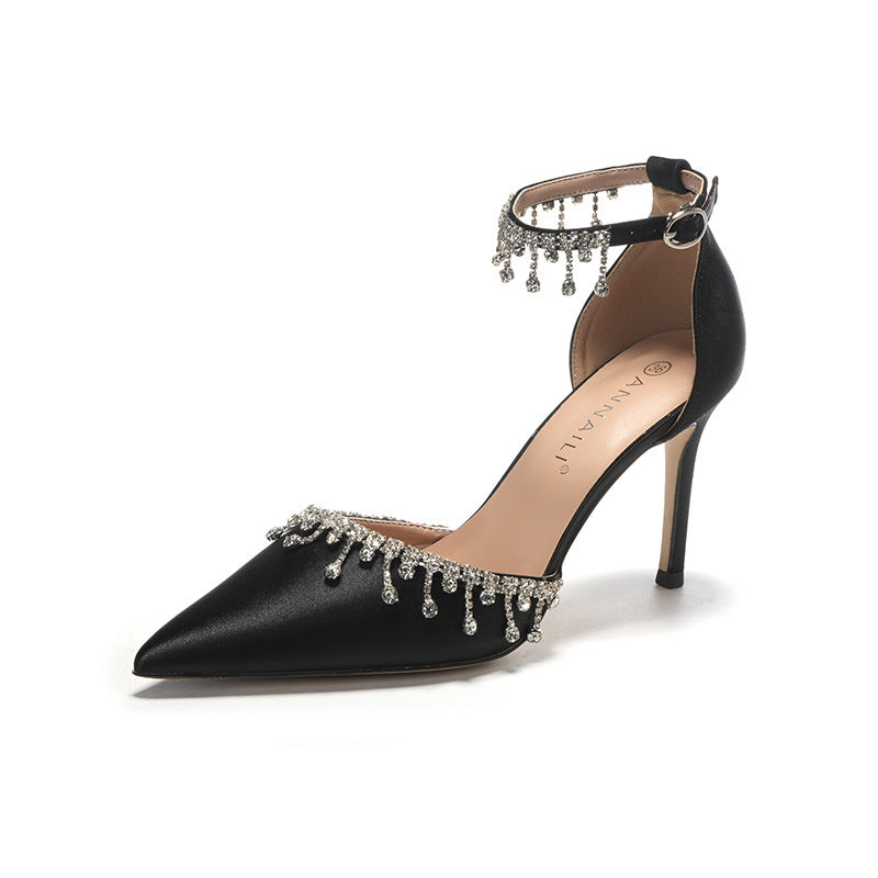 White main wedding dress wedding shoes satin strap women's summer fashion tassel chain high heels black temperament hollow sandals