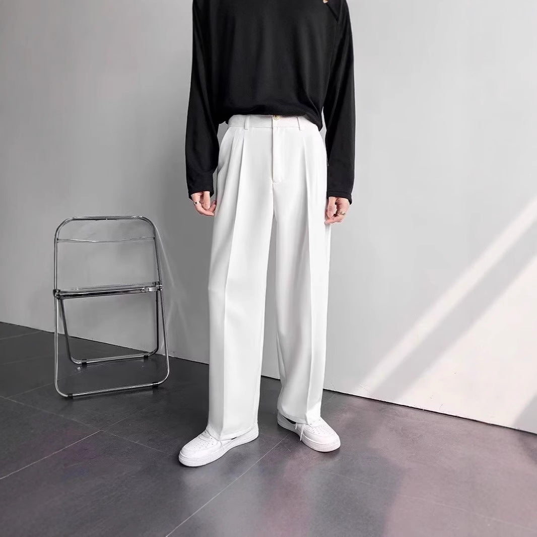 American-style white trousers, men's high-end sense of loose straight-leg mopping trousers, casual and versatile, suit pants, suit pants, trendy