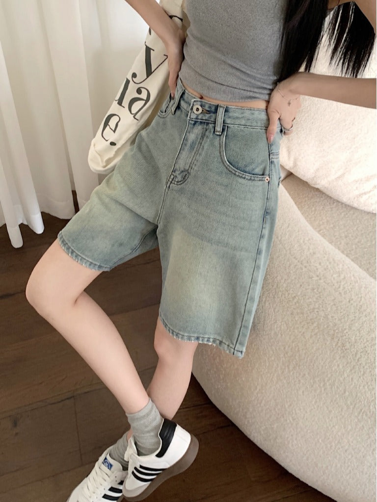 Summer thin denim light blue five-point shorts, women's pear-shaped body, loose large size, fat mm, thin wide-legged midpants