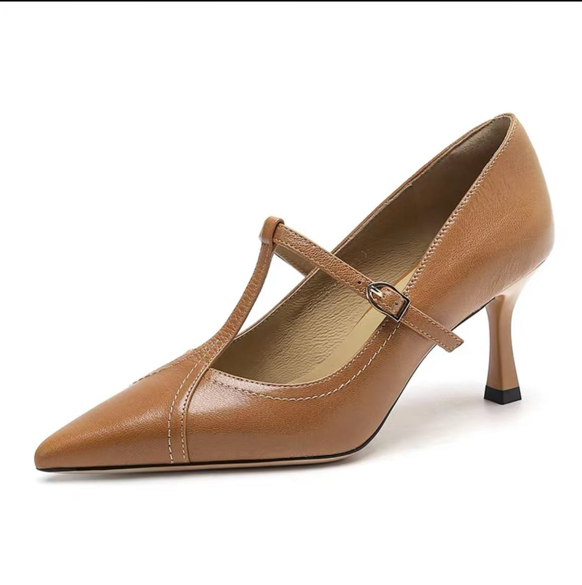 European station women's shoes 2023 autumn new European genuine leather shallow buckle pointed toe fashion high heels women's thin heels trend