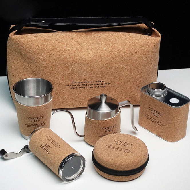 Festive gift pour-over coffee set, cork bag, portable outdoor coffee set, pour-over coffee set, full set