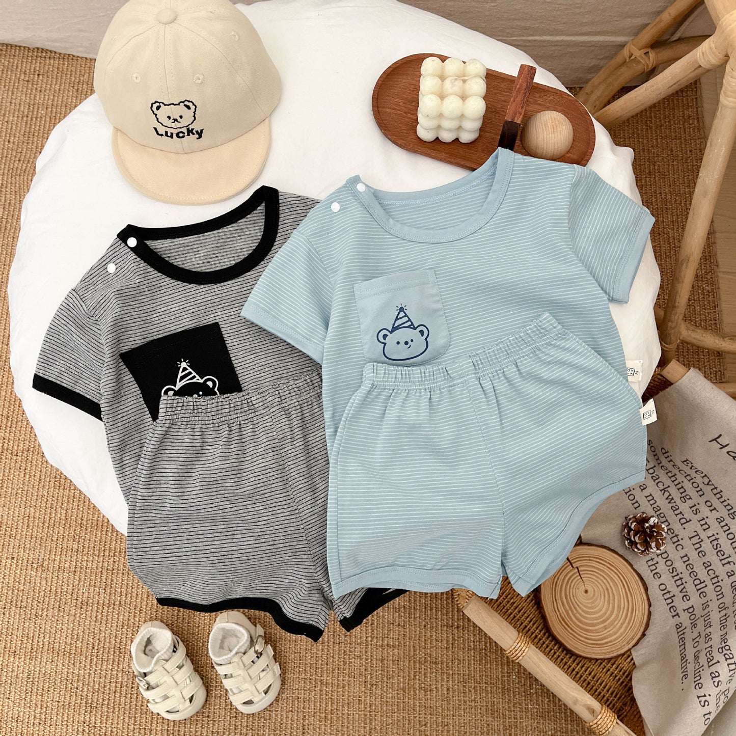 2025 Summer Korean Version Children's Casual Striped Short Sleeve Shorts Set Baby Boy Thin Cool T-Shirt Two-Piece Set