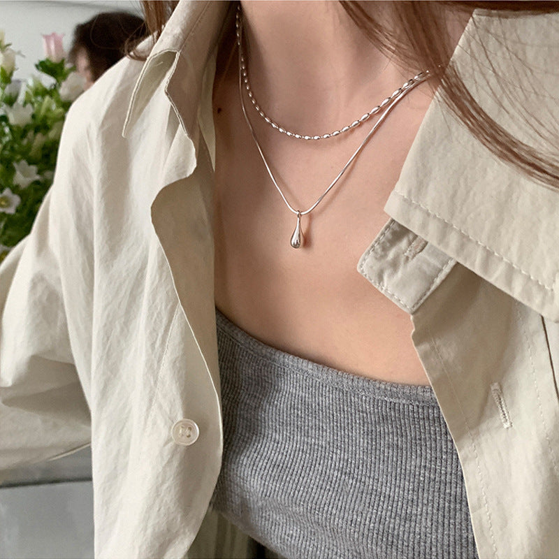 Simple and versatile, double-layered water drop necklace, female cold style, personality temperament, high-end sense of rice, clavicle chain, ins necklace