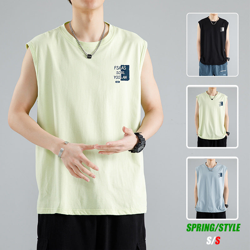 Sleeveless T-shirt men's summer thin ice fashion brand athleisure shoulder vest fashion versatile loose top