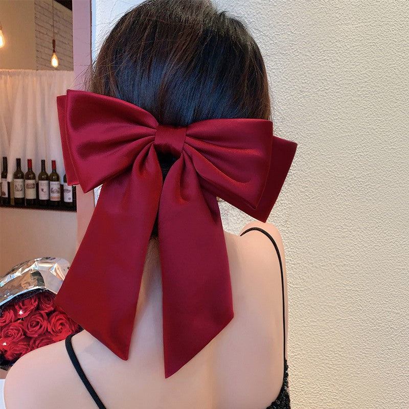 Satin big bow headdress, spring clip, high-quality black back of the head hairpin, hair ornament, hipster girl