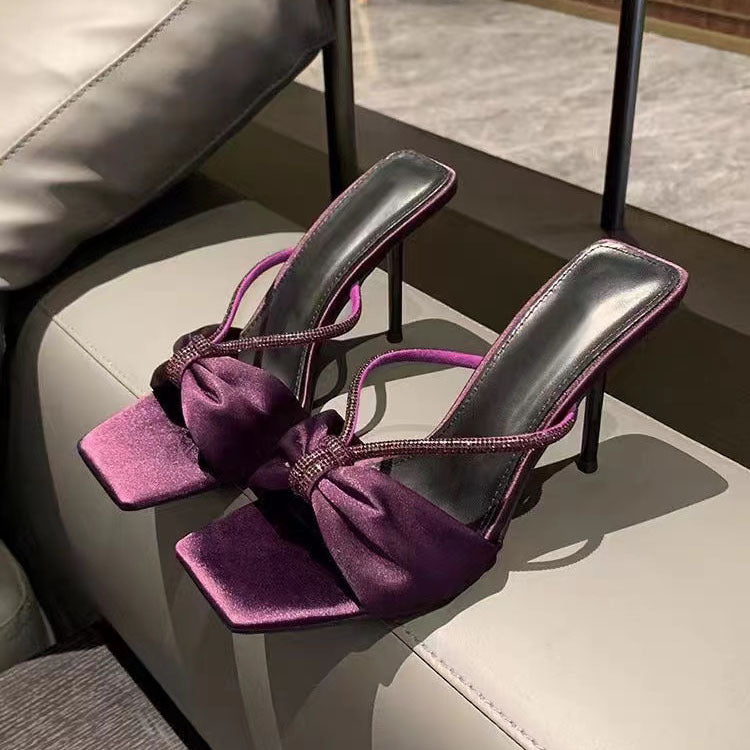 Poplar Forest with purple satin rhinestone stiletto slippers women's new temperament square toe crossed strap sandals