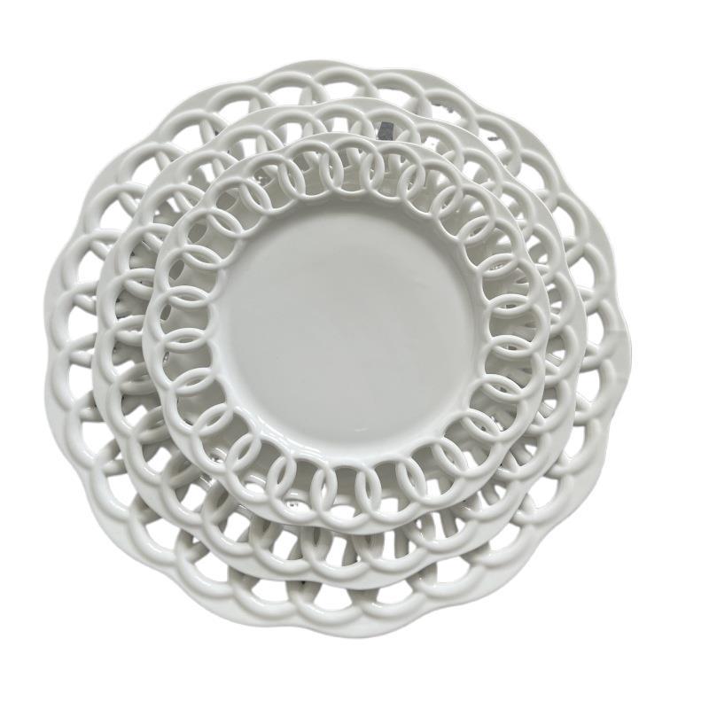 New product embossed ceramic hollow plate display plate fruit cake snack plate Western tableware manufacturer direct sales home restaurant
