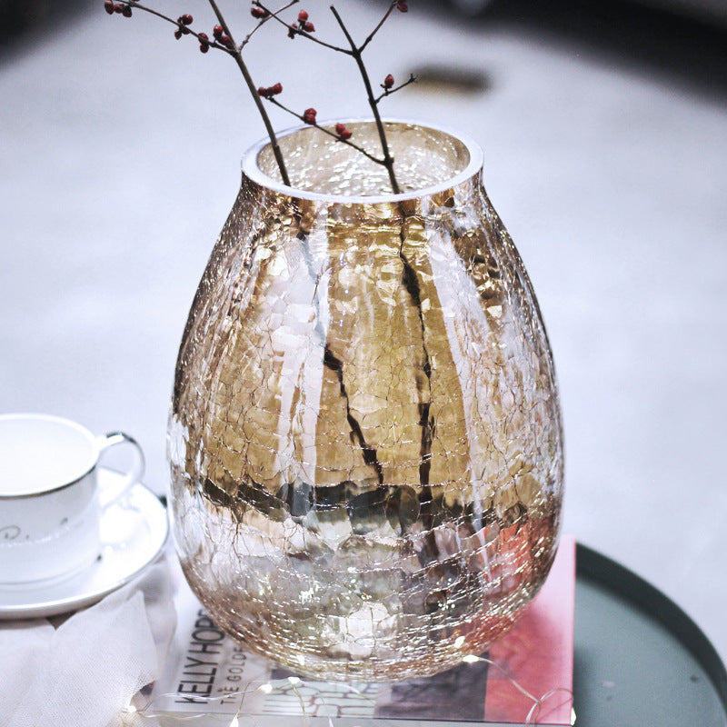Creative large light luxury cracked ice flower glass vase glazed transparent flower utensils American home decoration flower arrangement