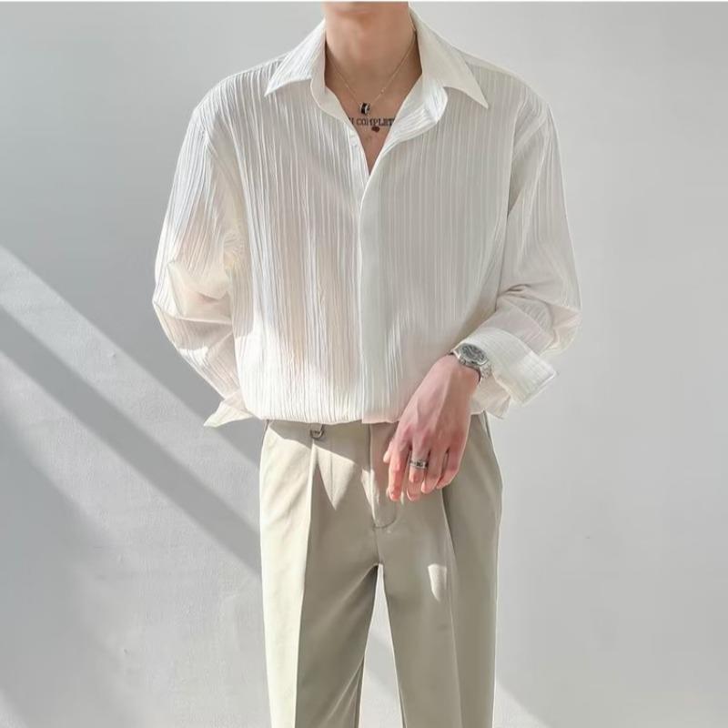 Textured tops Korean version loose casual long-sleeved shirt men's trendy handsome striped non-ironing shirt autumn