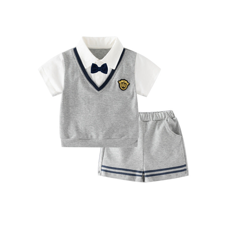Boys' outfits 2025 new summer short-sleeved foreign trendy children's clothes children's summer dresses gentleman's one-year dresses