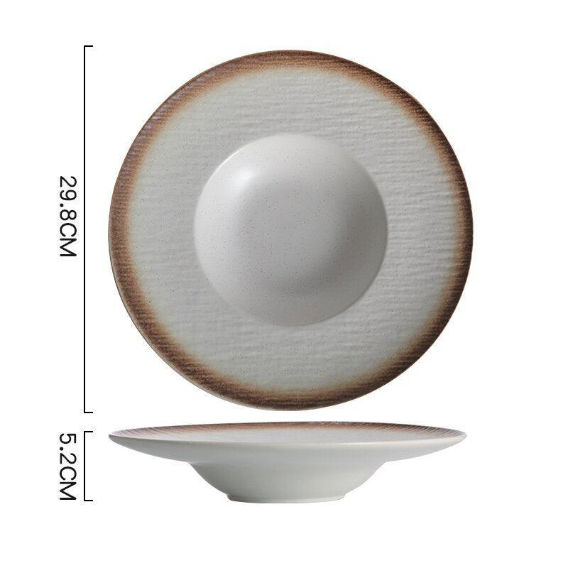 Japanese ceramic flying saucer plate, straw hat plate, round pasta plate, underglaze color soup plate, deepening retro deep dish, retro style