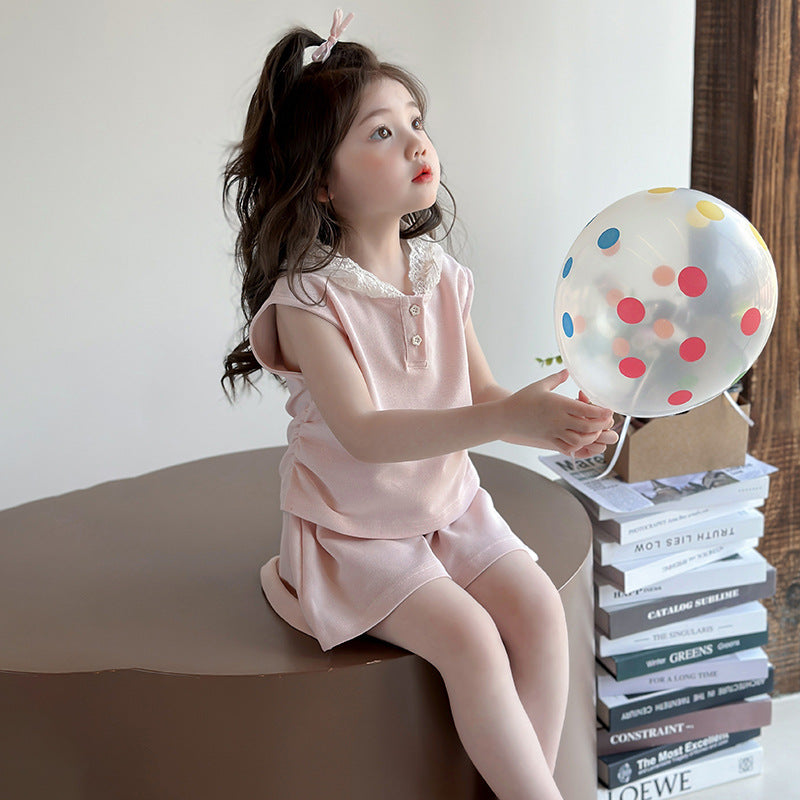 Girls' summer vest set 2025 new foreign style children's lace sleeveless two-piece set baby summer clothes trend