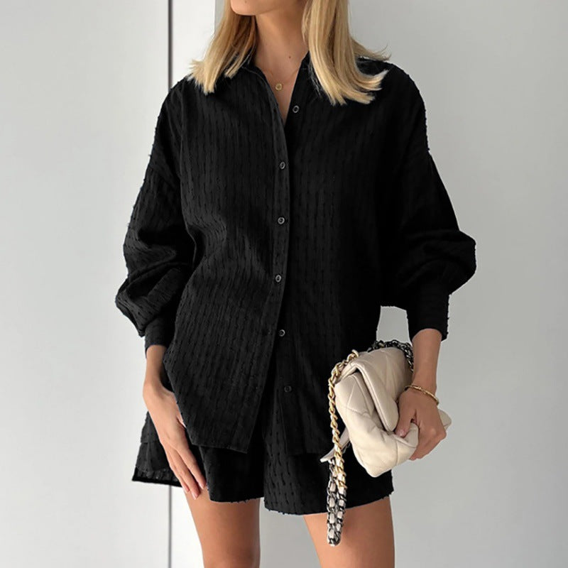 2024 summer women's European and American shirts, jacquard puff sleeves, temperament tops, shorts, commuting design, sense of casual suit
