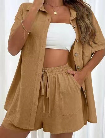 European and American cross-border AliExpress fashion shorts, two solid color shirt sets, casual loose short-sleeved single-breasted women's clothing