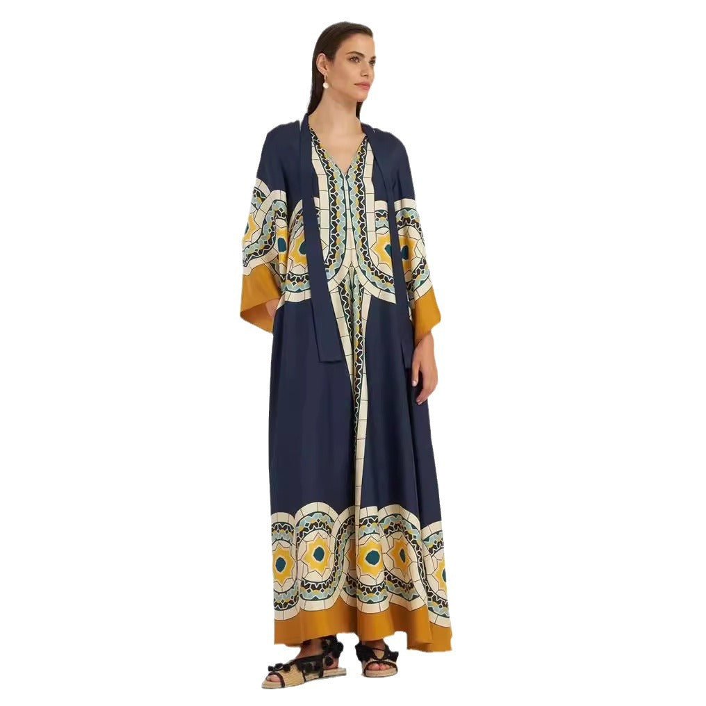 Cross-border foreign trade independent station Amazon Europe and the United States new summer print three-quarter sleeve stand-up collar dress