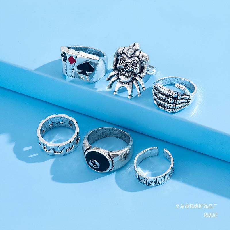 European and American popular jewelry, men's punk, exaggerated skulls, ghost claws, poker clowns, number 8, round 6-piece set