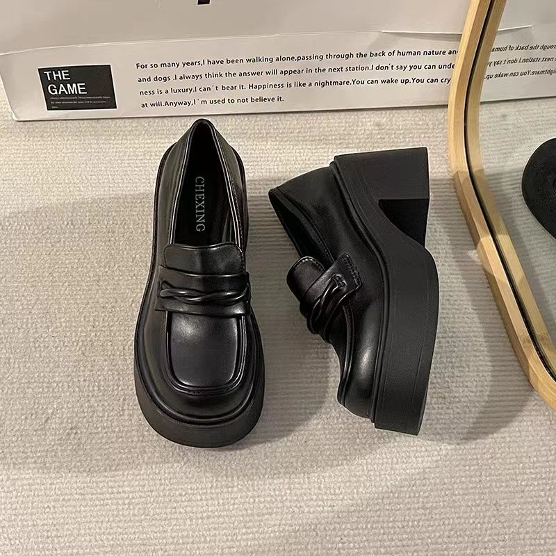 Black British style versatile high heeled platform small leather shoes women's 2024 new summer slip-on increase high loafer single shoes