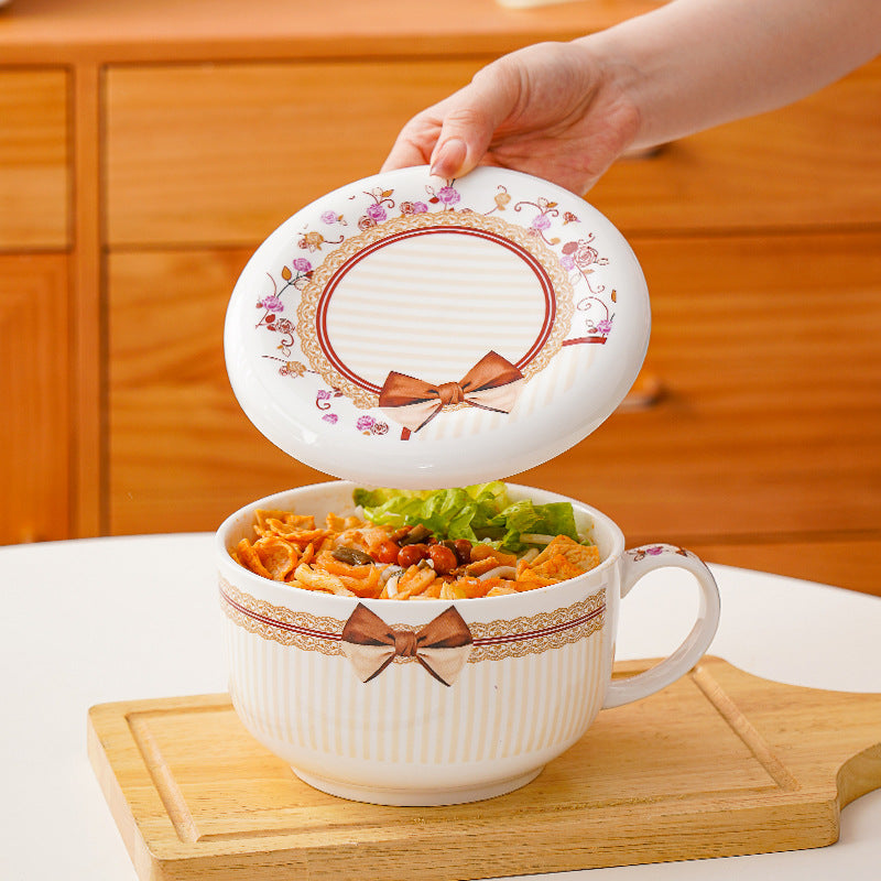 Wholesale instant noodle bowl with lid, high value, small fresh ceramic instant noodle bowl can be microwaved for office workers to play rice bowls