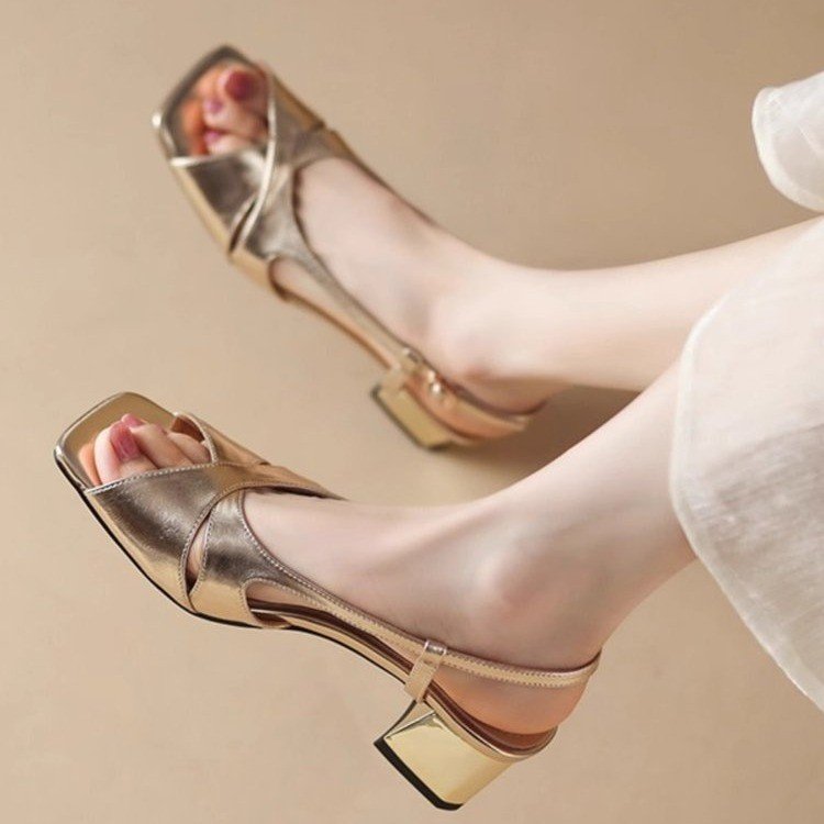 French Open Toe Block Heel Sandals Women's Summer 2025 New Rear Strap Square Toe Gold & Silver Versatile Hollow Heels