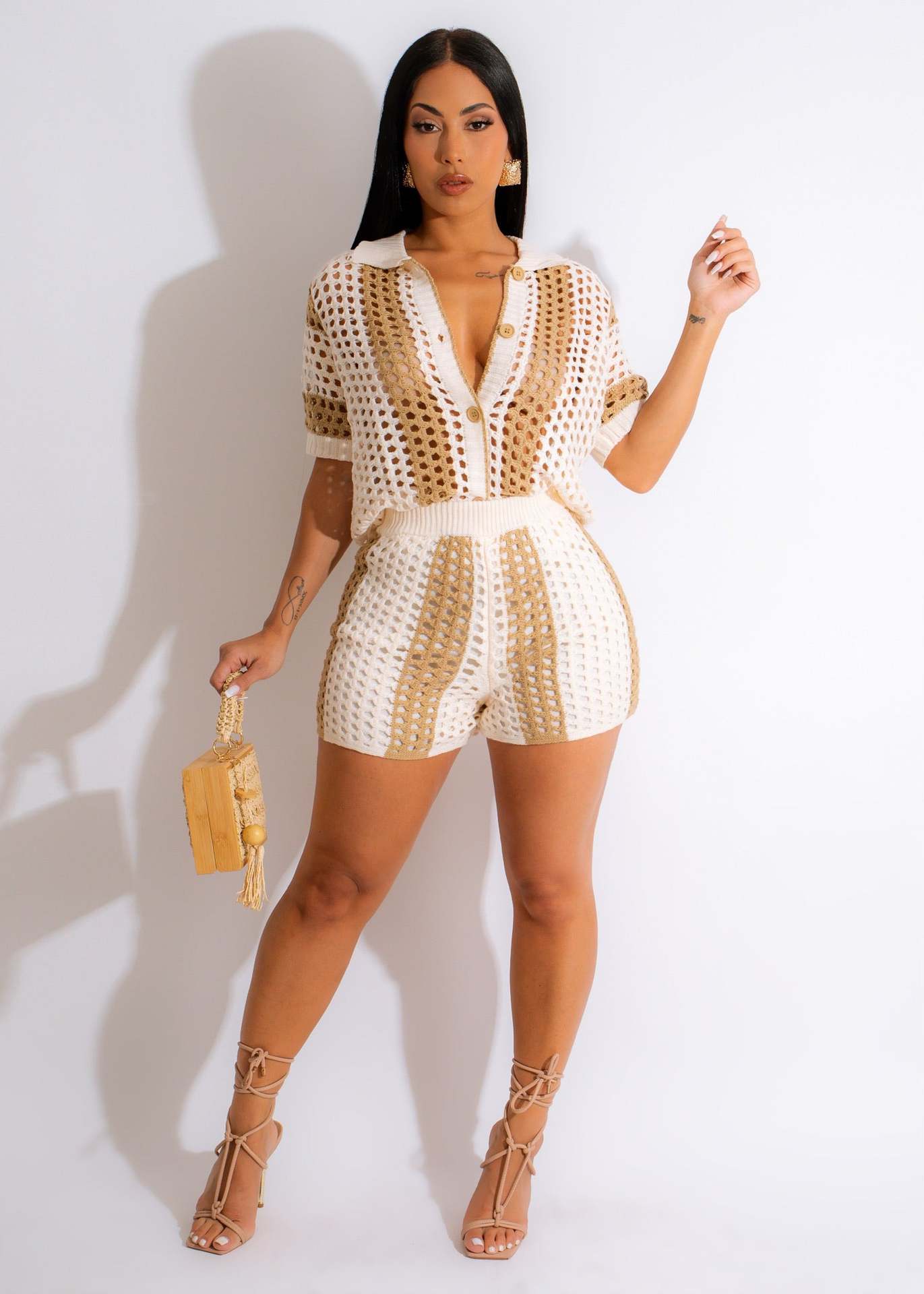 Amazon AliExpress hot sale European and American women's sexy women openwork sheer lapel knit shorts set