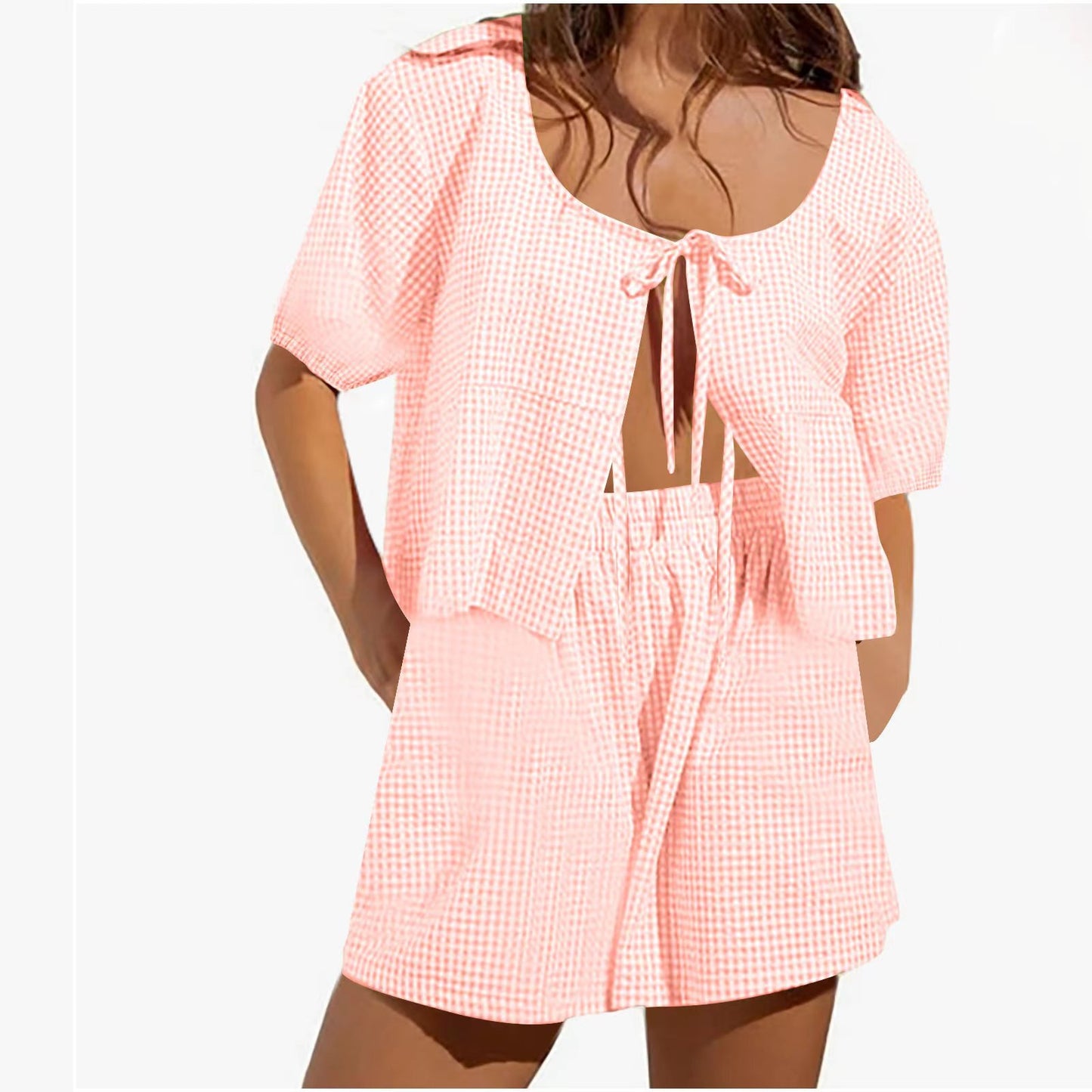 2024 Europe and America Foreign Trade Summer Lace-up Plaid Top Set Casual Loose High Waist Wide Leg Pants Women's Women's Short Sleeve
