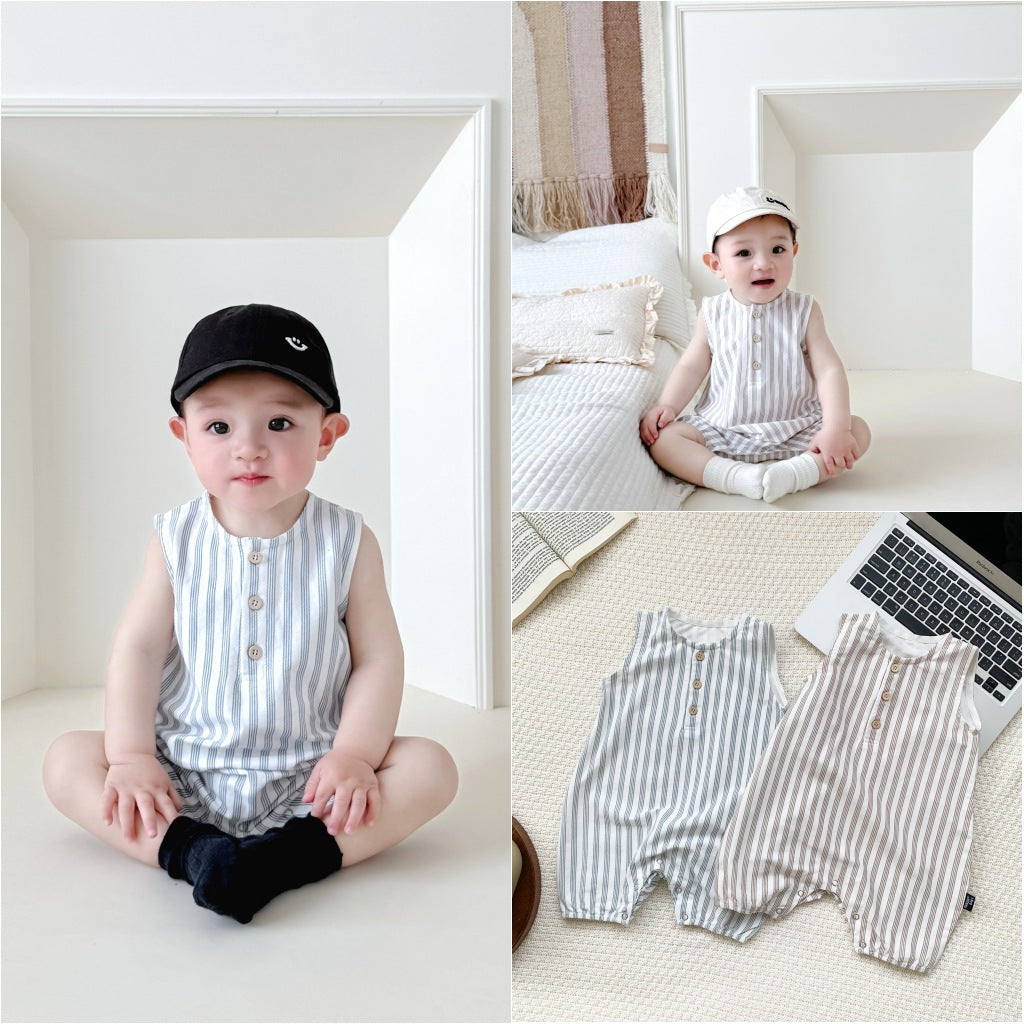 ins infant baby crawling clothes summer new newborn boys and girls sleeveless striped crawling clothes excellent cross-border Ha clothes