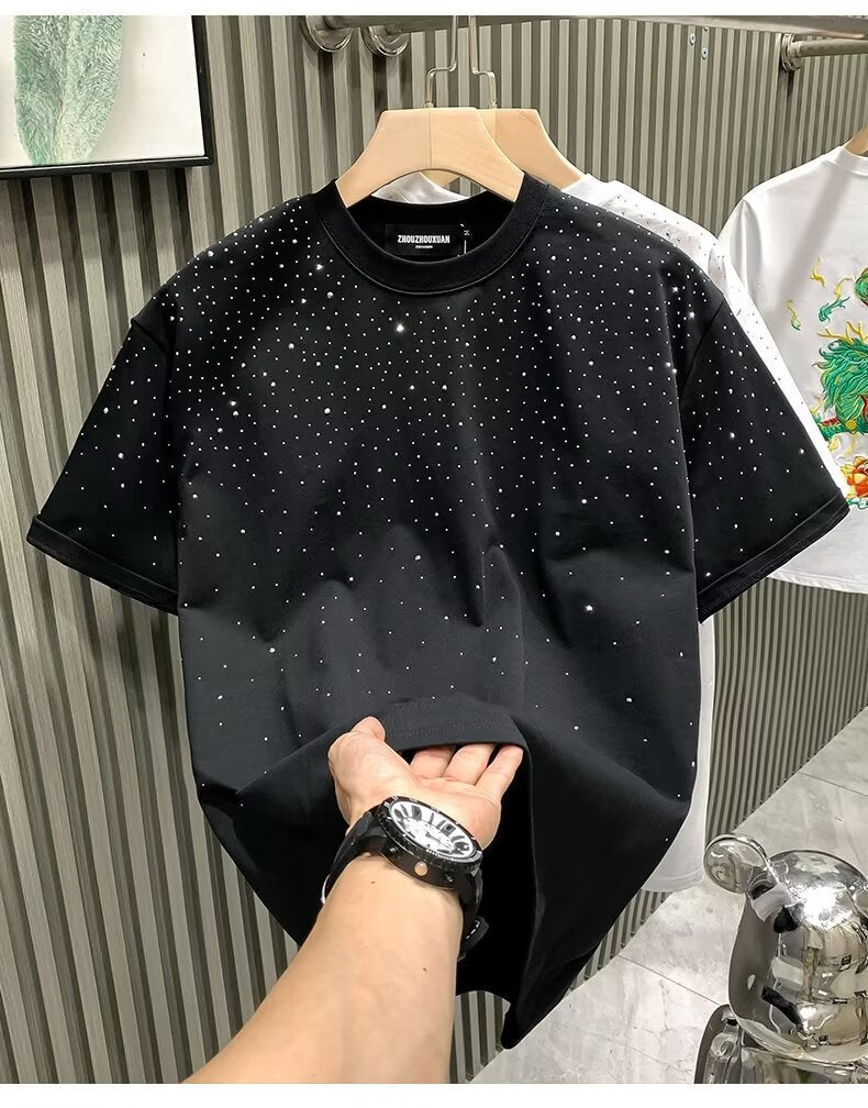 Light Mature Wind Starry Sky Short Sleeve Starry Hot Diamond Loose Micro Tide T-Shirt Tee Men's Top T-Shirt 2024