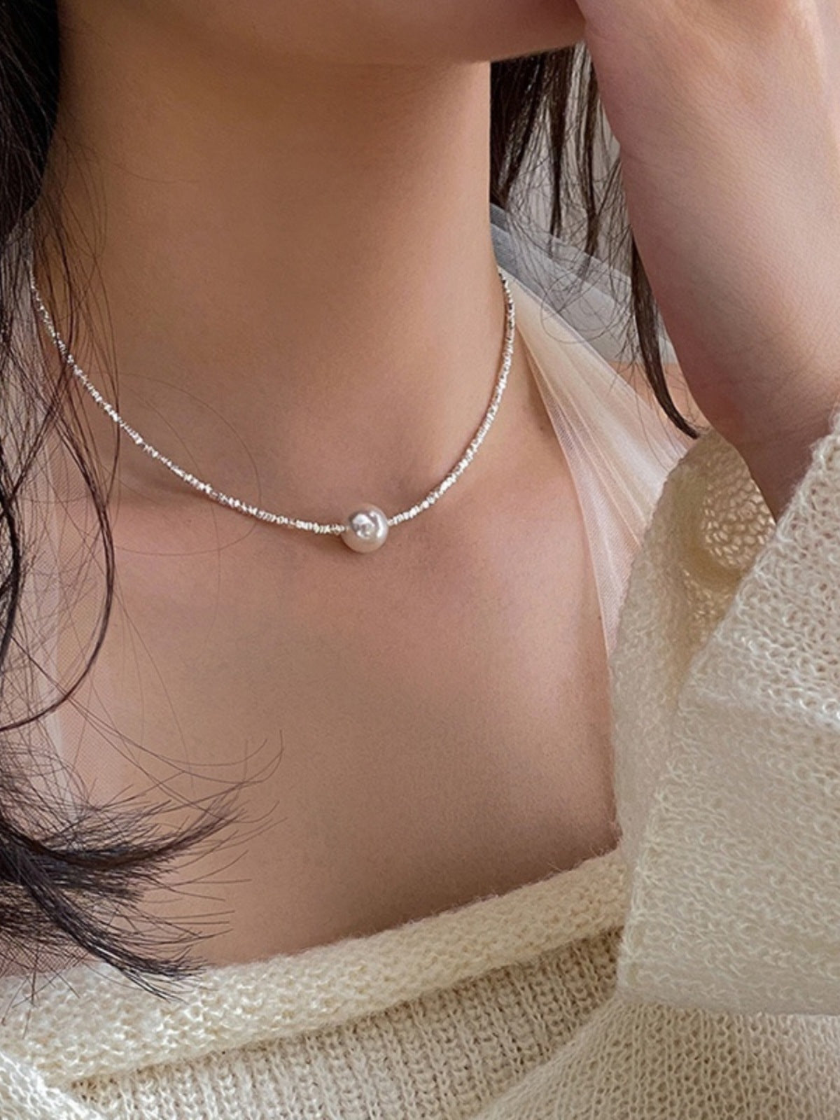 S925 sterling silver broken silver necklace pearl 2024 new clavicle chain broken silver a few taels of light luxury niche necklace