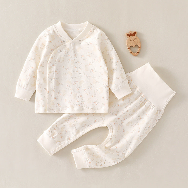 Infant high-waisted suit spring and autumn belly protection two-piece pajamas baby loungewear Class A cotton bottom layer