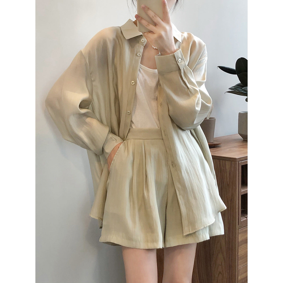 Words double drape breathable sunscreen shirt set women's summer loose thin shirt wide-leg shorts women's 80573