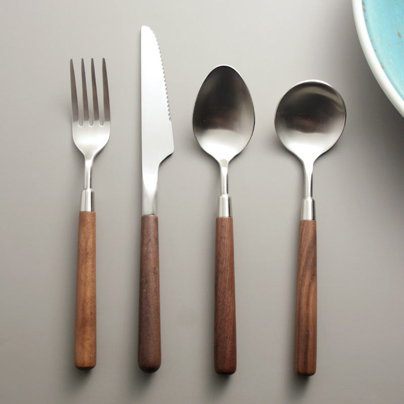 Kitchen household 304 stainless steel walnut handle spoon dispensing spoon spatula kitchenware set steak knife fork spoon cutlery