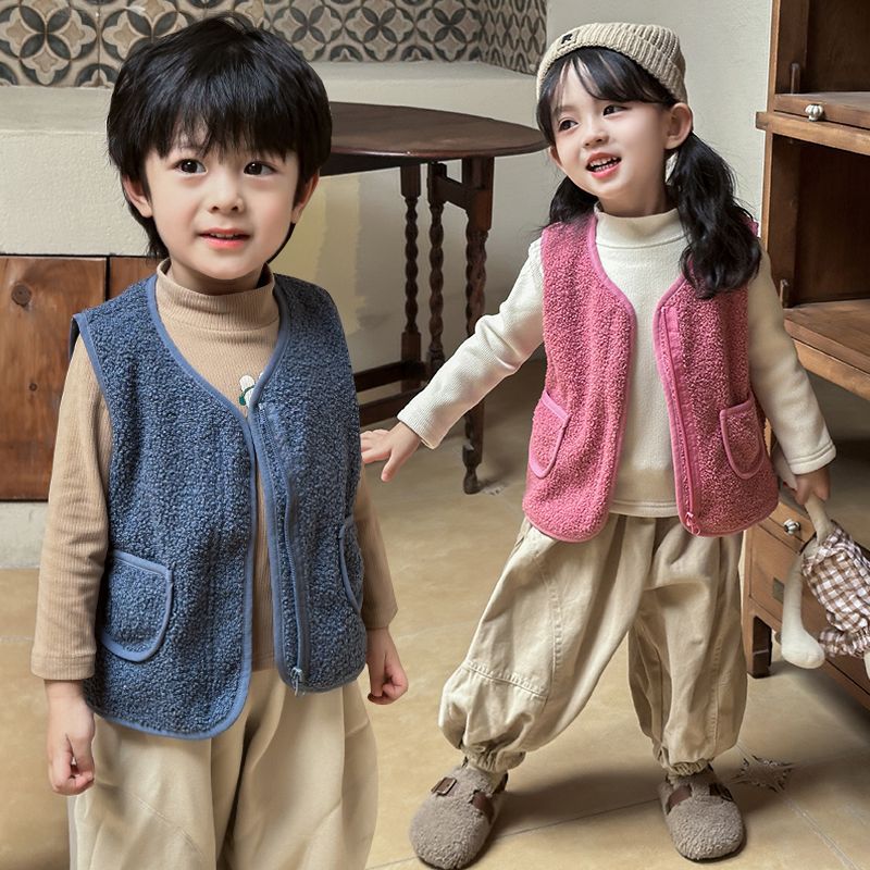Children's vest warm vest wears lambswool inside 2024 new autumn and winter models for girls and boys spring and autumn boys shoulders