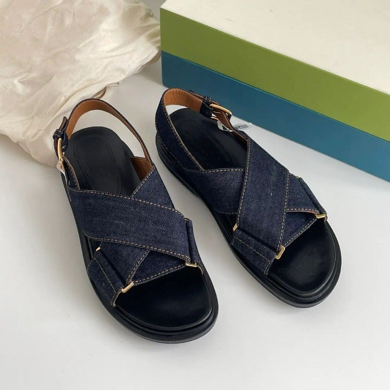 Sheepskin version ~ denim cross platform Roman sandals women wear retro open-toe genuine leather muffin sandals in summer