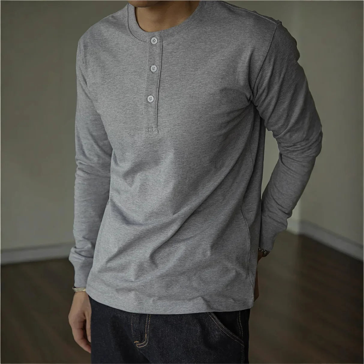 American retro 320g heavy henry shirt slim cotton T-shirt long sleeve loose base shirt click tough guy man autumn