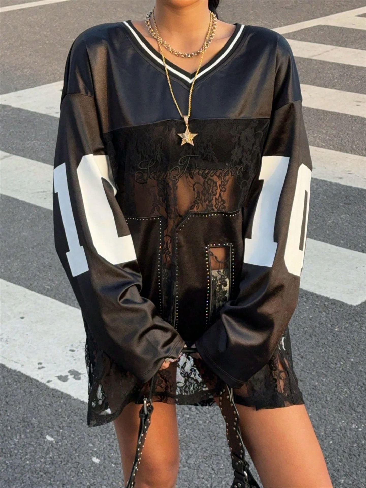 European and American summer new women's clothing, cross-border foreign trade, personality trendy style, printed lace, see-through V-neck sweatshirt