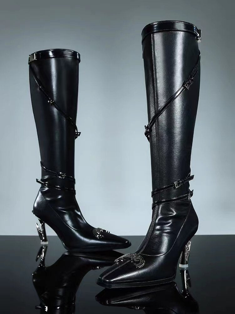 European and American new pointed toe thin heel metal rivet motorcycle catwalk women's boots belt buckle tassel plus size knight fashion boots
