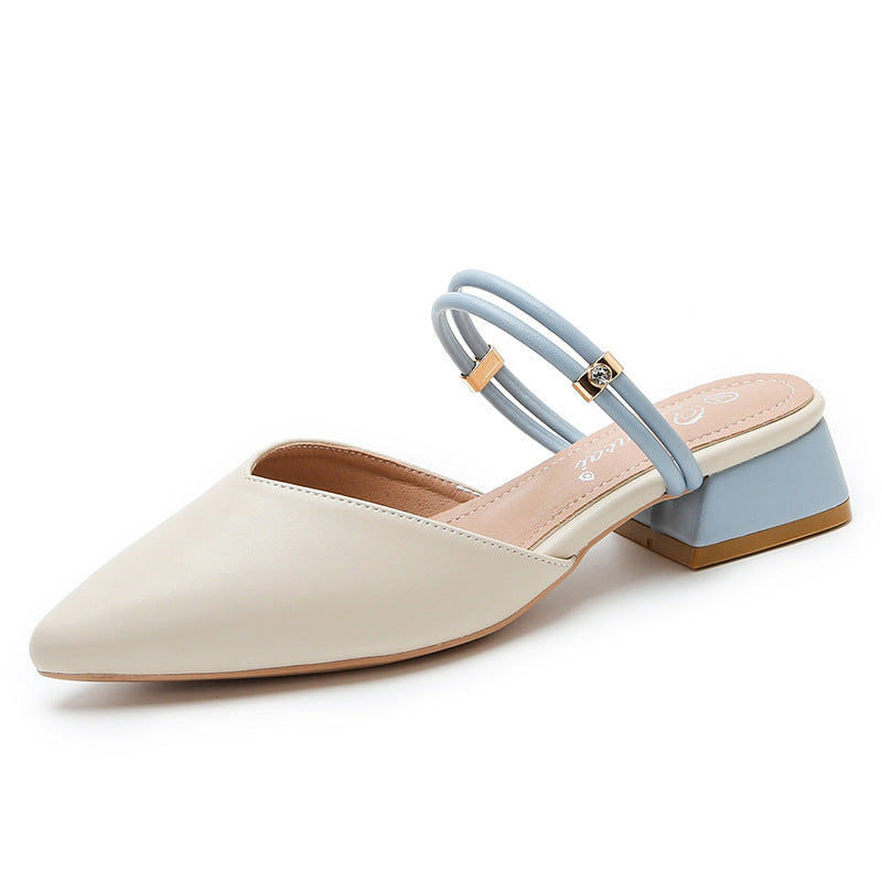 Baotou sandals women's summer 2025 new pointed toe block heel semi-drag fairy style wear flat slip-on single shoes