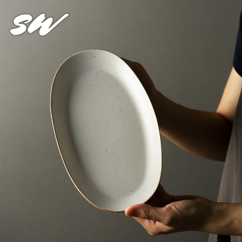 Sanmist Vintage Flat Plate Ceramic Oval Plate Creative Home Premium Vegetable Plate Fish Plate Restaurant Steak Tableware