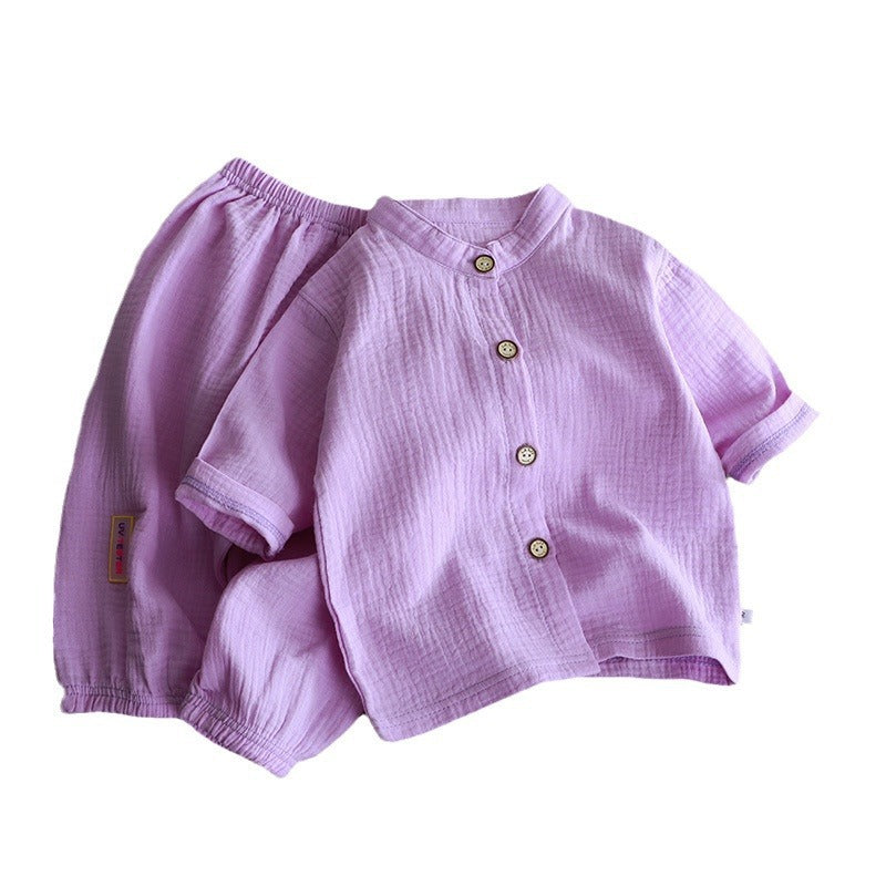 Children's stand-up collar cotton yarn set summer thin boys and girls cotton loungewear baby gauze air-conditioned clothing children's clothing