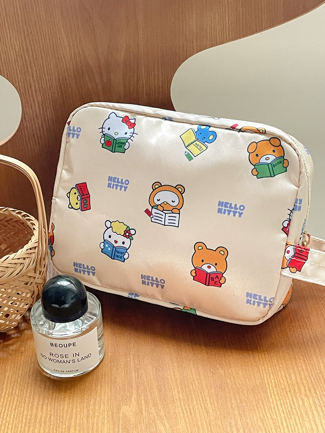 Satin kt cat makeup bag cute cartoon beige print storage bag for travel portable toiletry bag