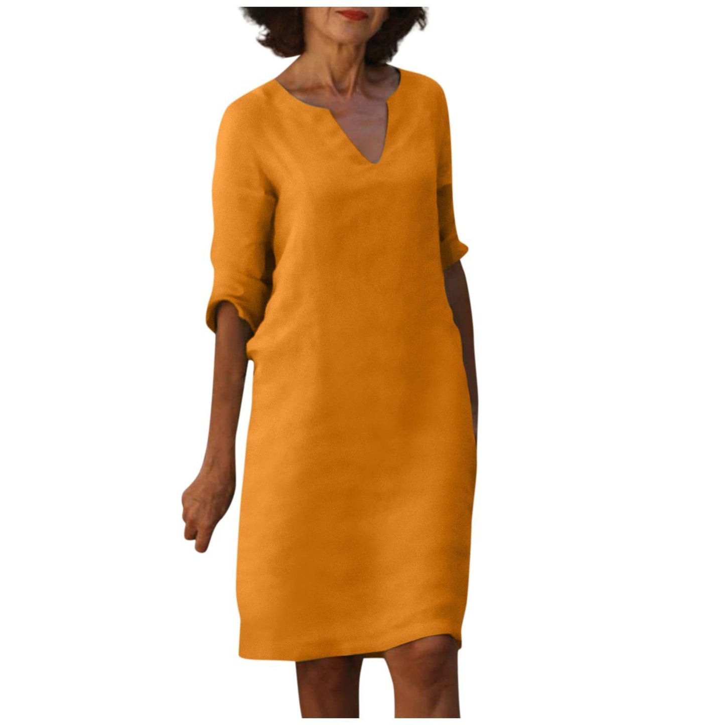 Amazon European and American cotton and linen V-neck stitching retro high-waisted solid color three-quarter sleeve dress cotton and linen wash crinkled fabric