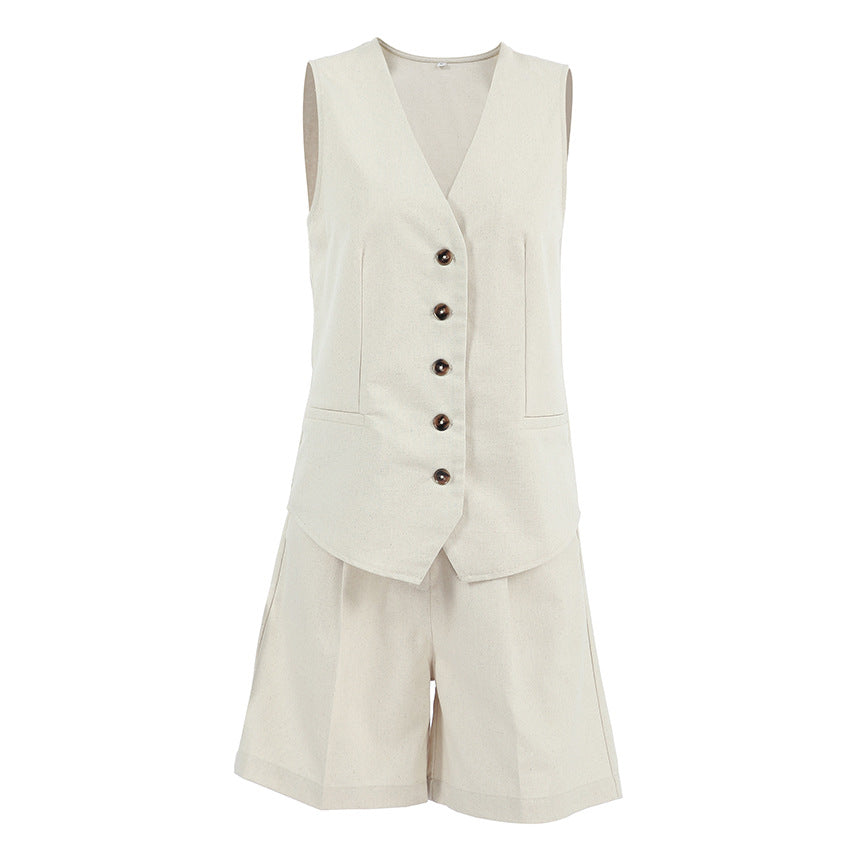 Workplace commuting style cotton and linen sleeveless vest vest hot pants set 2025 European and American spring and summer fashion two-piece women's clothing