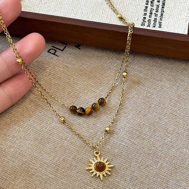 Vintage Gold Sunflower Tiger's Eye Necklace Women's Niche Design Sense Stacking Sweater Chain Autumn Winter Clavicle Chain Accessories