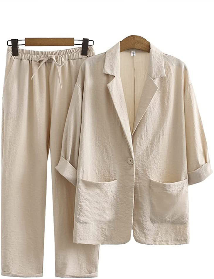 2025 European and American New Women's Autumn Commuter Suits Cotton and Linen Jacket Pants Pockets Loose Fashion Casual Wear