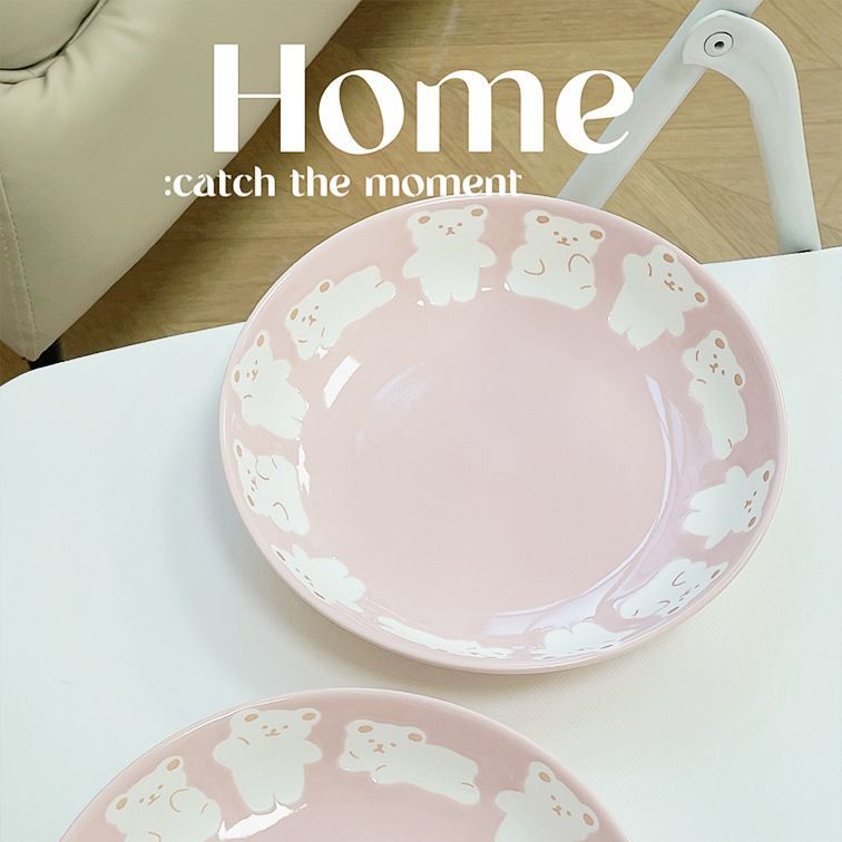 Girl's heart Internet celebrity bear ceramic bowl plate ins Harajuku style cute relief dinner plate home breakfast plate dessert plate
