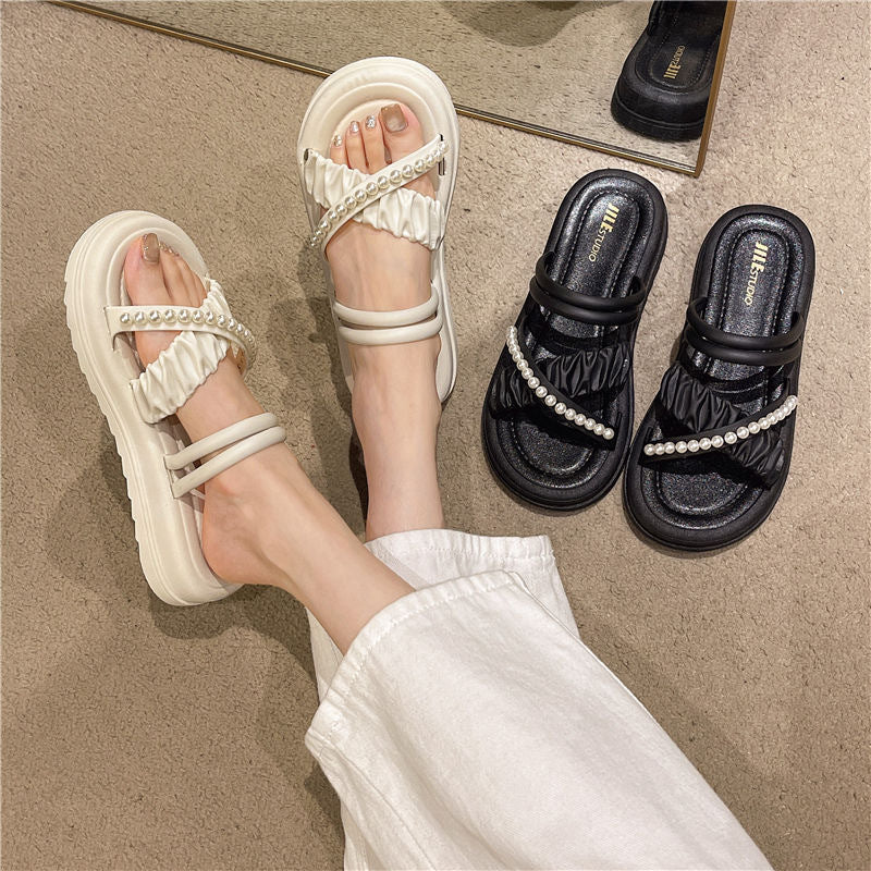 French high-end sandals for women 2025 new wear non-slip platform platform rhinestone pearl versatile slippers for women's summer