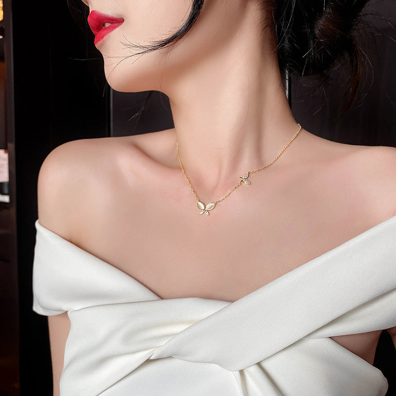 Diamond-encrusted opal butterfly necklace women's 2024 new light luxury niche simple clavicle chain temperament cold style accessories
