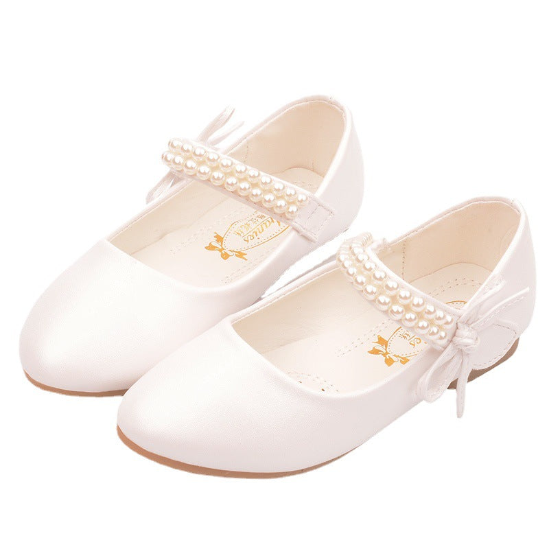 Spring and Autumn New Girls' White Leather ShoesChildren's Flat White ShoesGirls' Flower GirlsSchool Uniforms, Photography Dresses, Shoes, Pearls