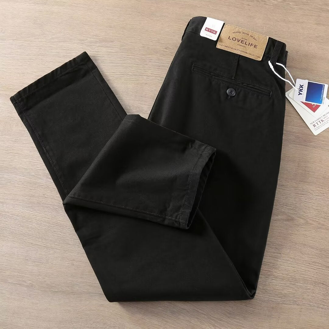 Thick heavy casual trousers men's spring and autumn cotton slim small straight pants American stiff wash men's pants tide