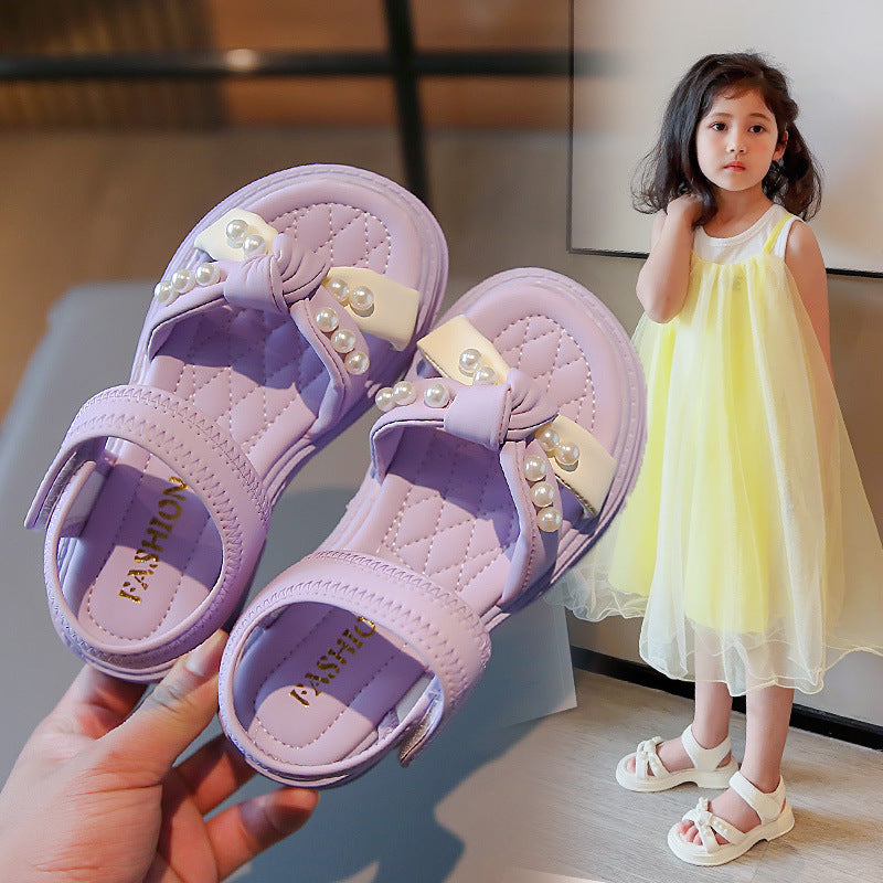 Girls Sandals 2024 Summer New Pearl Kids Shoes Summer Style Girls Foreign Princess Shoes Non-slip Beach Shoes
